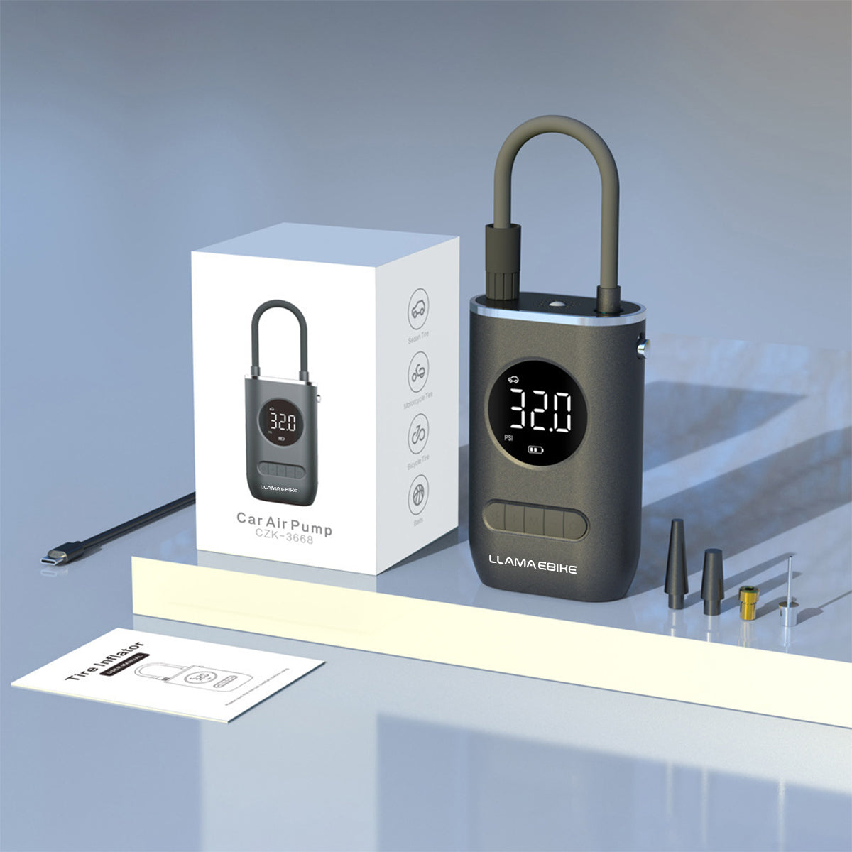 LLAMA EBIKE Portable Rechargeable Air Pump for Car Bicycle and Motorcycle Tires