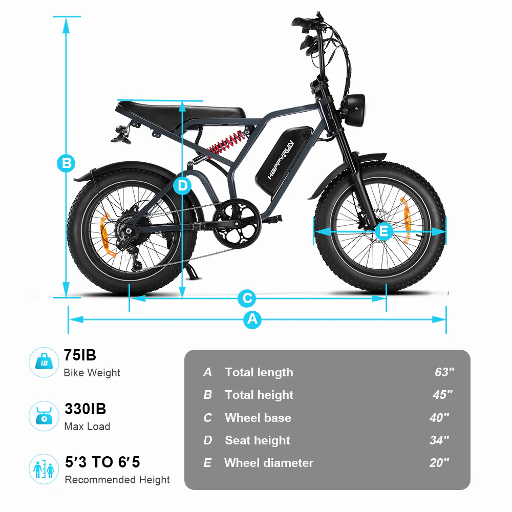 Happyrun Tank G60 Pro 2000W Moped Style Offroad Electric Bike Fat Tire + 4 Years Warranty